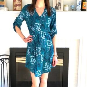 X-small petite Blue floral flower 3/4 sleeve midi dress